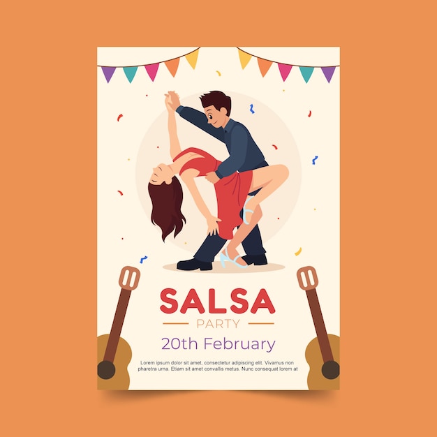 Cartel de fiesta de salsa de diseño plano dibujado a mano