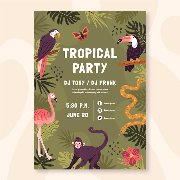 Cartel de fiesta tropical con animales