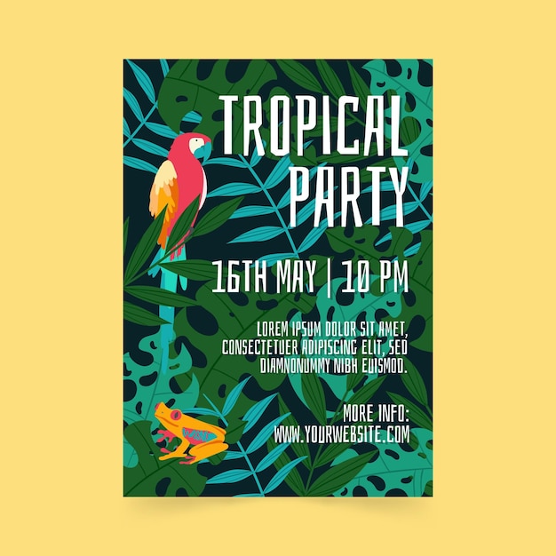 Vector gratuito cartel fiesta tropical con hojas y loro