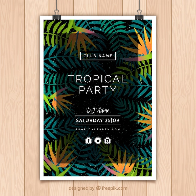 Cartel de fiesta tropical con hojas de palmeras