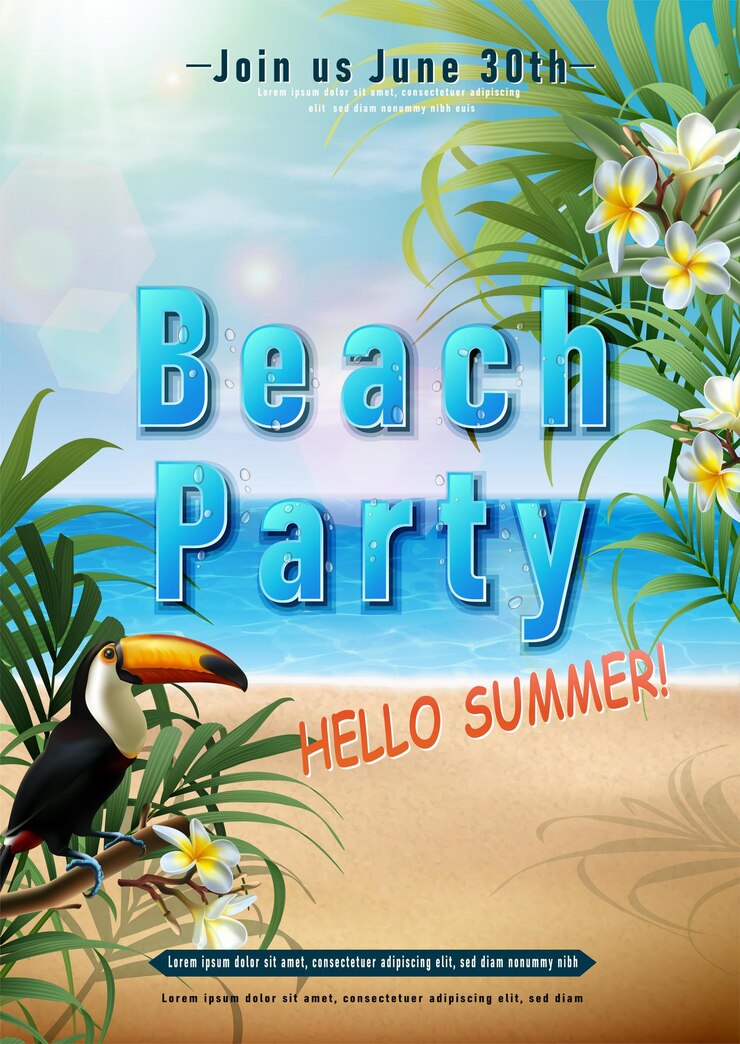 Vector gratuito cartel de fiesta de verano con flores exóticas y pájaro tukan orientación vertical