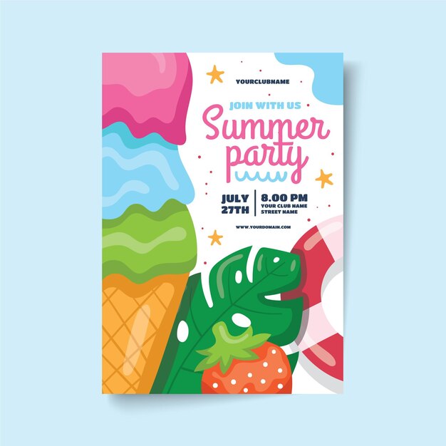 Cartel de fiesta de verano con helado y fresa