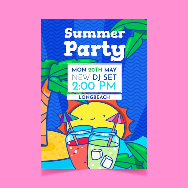 Cartel de fiesta de verano con palmeras y cócteles.