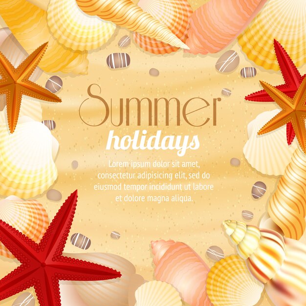 Cartel del fondo del viaje de las vacaciones de las vacaciones de verano con las conchas marinas y las estrellas de mar de la arena de la playa