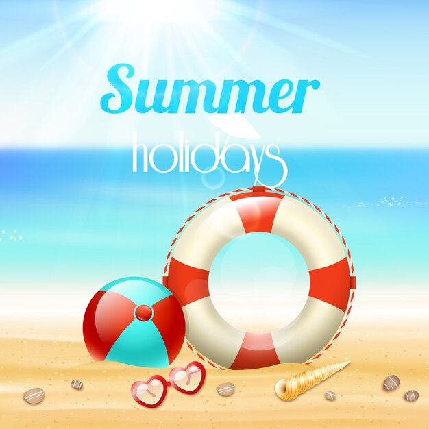 Cartel del fondo del viaje de las vacaciones de las vacaciones de verano con la línea de vida de las gafas de sol y las estrellas de mar en la arena de la playa