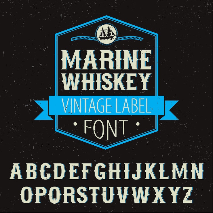 Vector gratuito cartel de fuente de etiqueta de whisky marino con decoración y alfabeto en ilustración negra