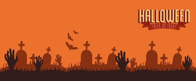 Cartel halloween con manos zombie en cementerio