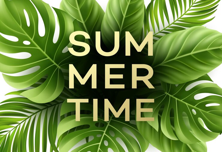 Vector gratuito cartel de horario de verano con hojas de palmeras tropicales.