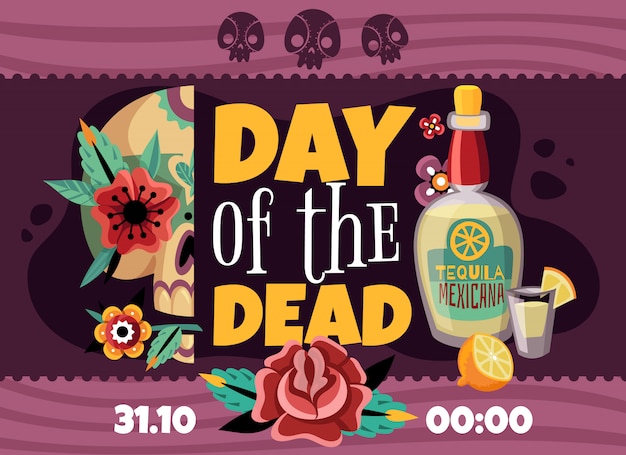 Vector gratuito cartel horizontal de anuncio de fiesta de día muerto con datos de tiempo tequila rosa flor scull colorido decorativo