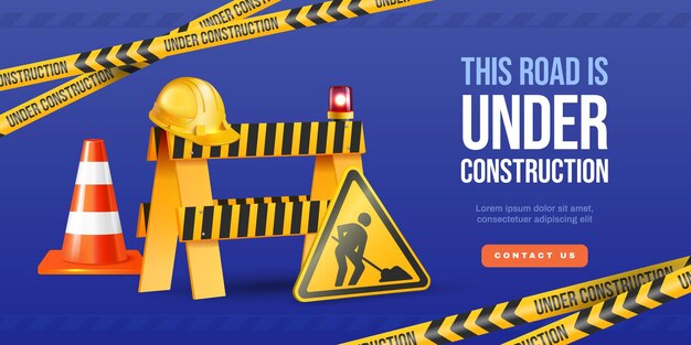 Cartel horizontal de carretera en construcción en estilo realista con señales de advertencia y barreras en ilustración vectorial de fondo azul