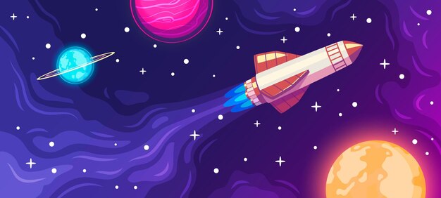 Cartel horizontal de exploración espacial de dibujos animados con ilustración de vector de cohete volador