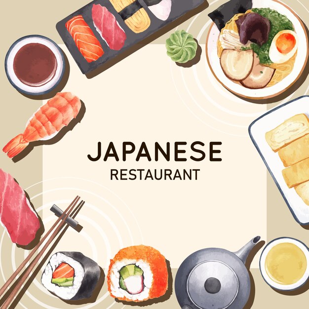 Cartel de la ilustración del restaurante de sushi. De inspiración japonesa en estilo moderno