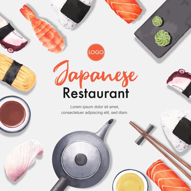 Cartel de la ilustración del restaurante de sushi. De inspiración japonesa en estilo moderno