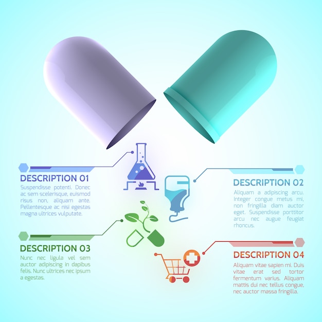 Cartel de información médica con medicamentos y símbolos de salud ilustración realista