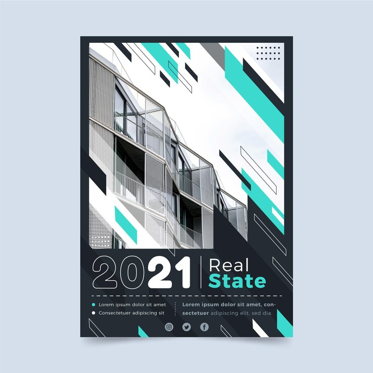 Vector gratuito cartel inmobiliario de diseño plano con foto.