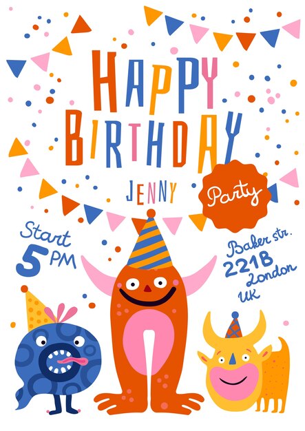 Cartel de invitación de anuncio de fiesta de cumpleaños con monstruos divertidos en sombreros de cono tiempo dirección decoración festiva ilustración