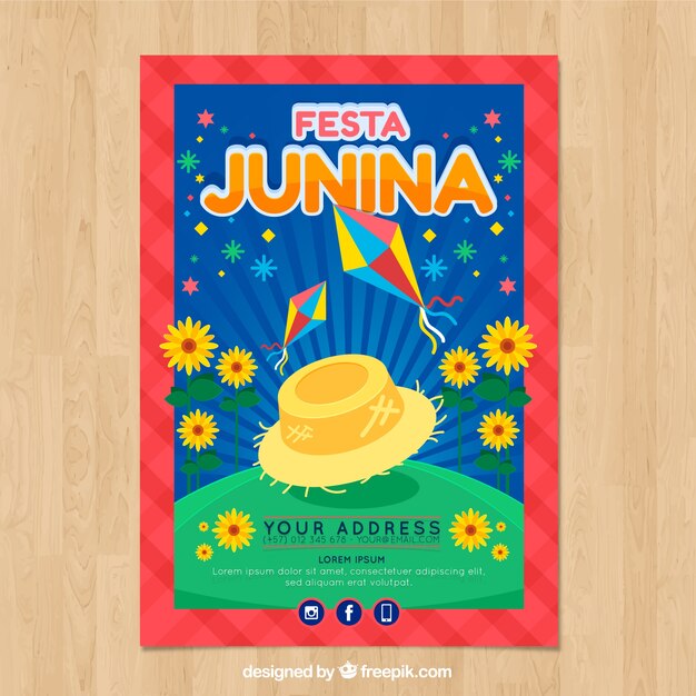 Cartel de invitación de fiesta junina con campo y girasoles