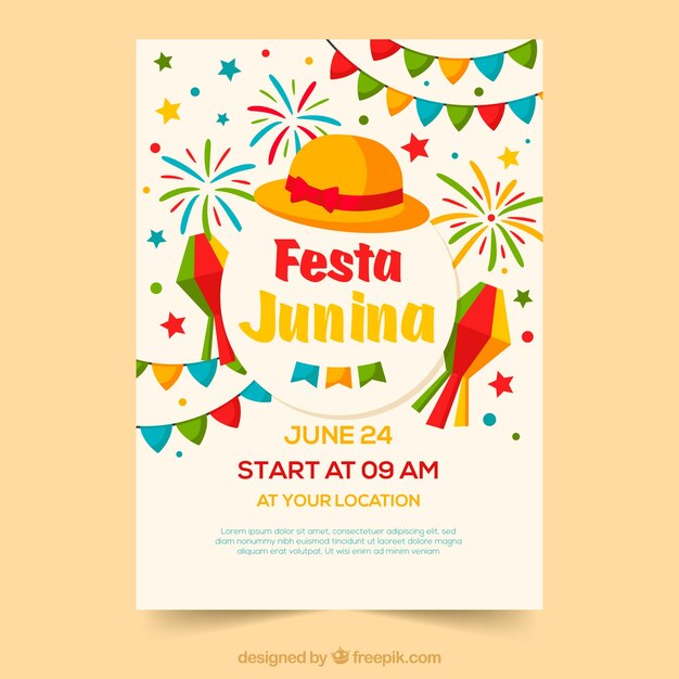 Vector gratuito cartel de invitación de fiesta junina con elementos coloridos
