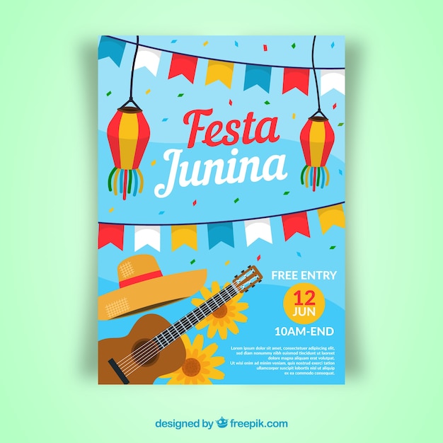 Vector gratuito cartel de invitación de fiesta junina con elementos de fiesta