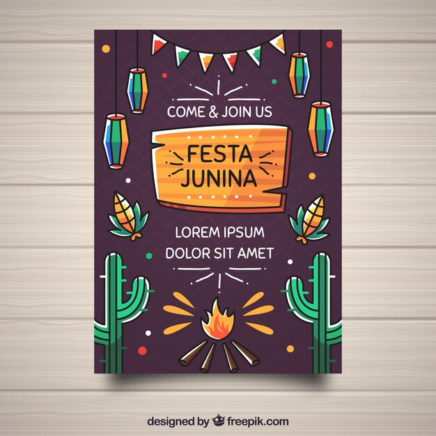 Vector gratuito cartel de invitación de fiesta junina con elementos tradicionales