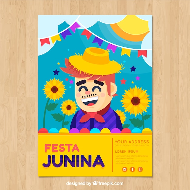 Cartel de invitación de fiesta junina con hombre feliz