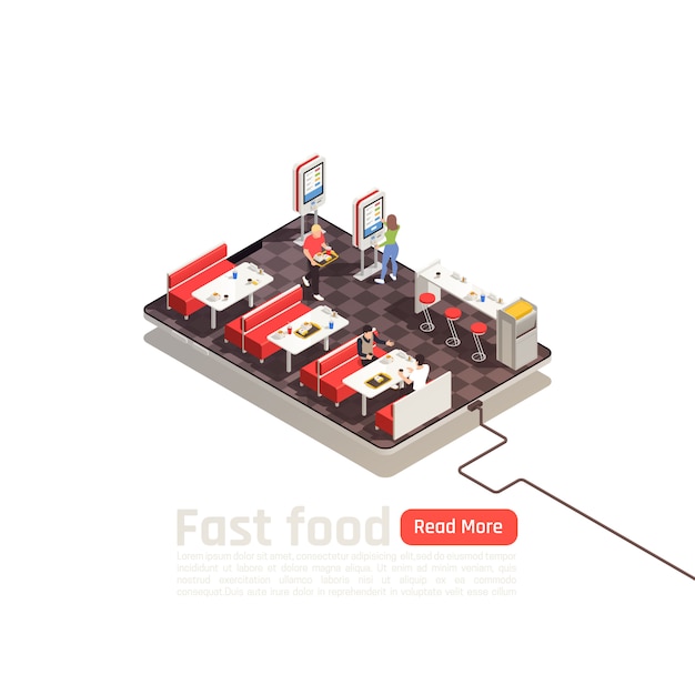 Cartel isométrico de comida rápida con clientes en el interior del café de autoservicio que viene a comer