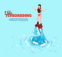 Vector gratuito cartel isométrico de deporte acuático de verano extremo con mujer joven en traje de baño en flyboard