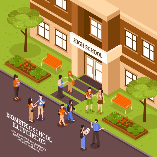 Cartel isométrico de la entrada del edificio escolar