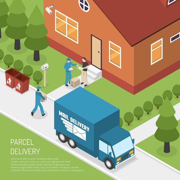 Cartel isométrico de la entrega del paquete de la oficina postal