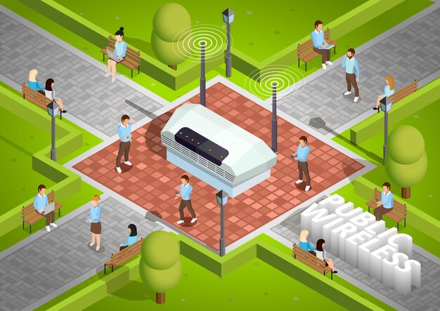 Cartel isométrico para exteriores de tecnología inalámbrica pública