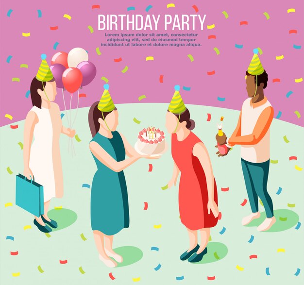 Cartel isométrico de fiesta de cumpleaños ilustrada niña soplando velas de cumpleaños y sus amigos dando regalos ilustración