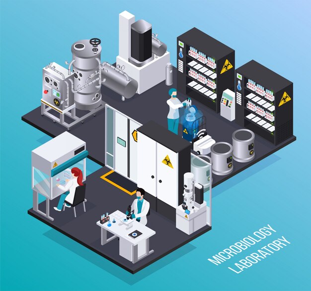 Cartel isométrico de laboratorio de microbiología con científicos en máscaras protectoras que realizan experimentos bioquímicos científicos