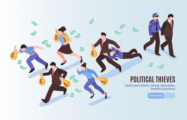 Cartel isométrico de ladrones políticos con funcionarios con bolsas de dinero huyendo de la policía