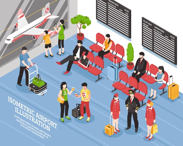 Cartel isométrico del salón de la salida del aeropuerto