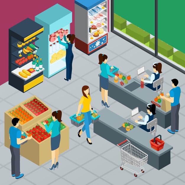 Cartel isométrico de la tienda de comestibles