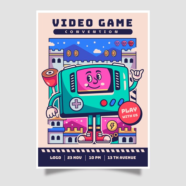 Cartel de juegos retro dibujado a mano