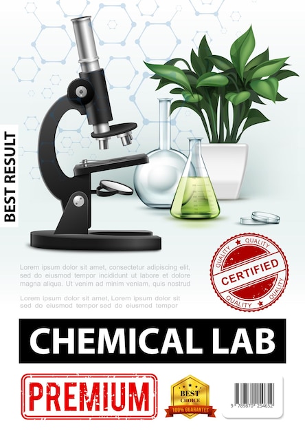 Vector gratuito cartel de laboratorio químico realista con ilustración de planta de tubos de ensayo de matraz de laboratorio de vidrio de microscopio y estructura molecular