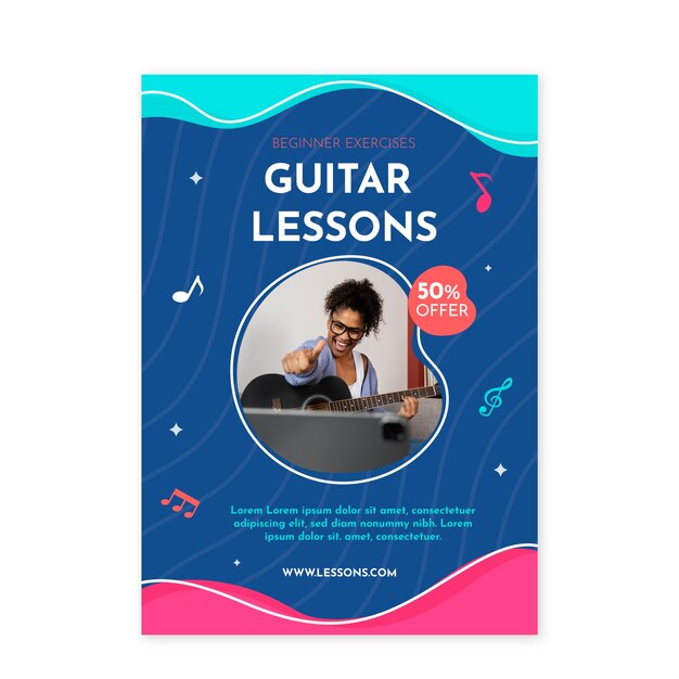 Cartel de lecciones de guitarra de diseño plano dibujado a mano