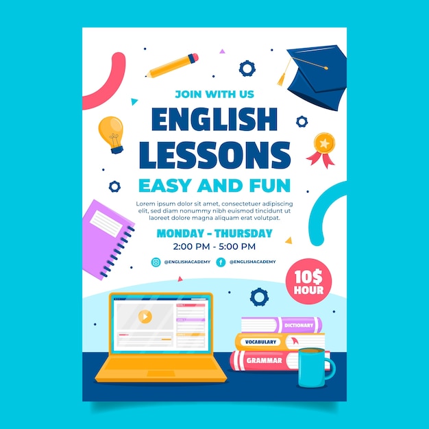 Vector gratuito cartel de lecciones de inglés de diseño plano