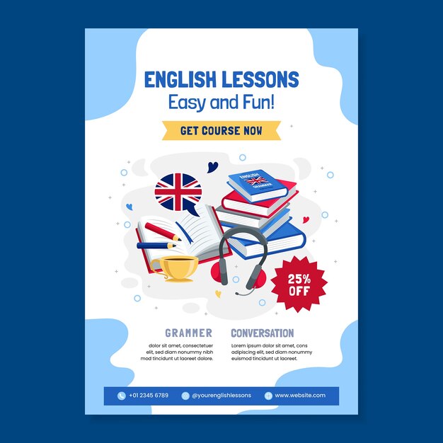 Cartel de lecciones de inglés de diseño plano