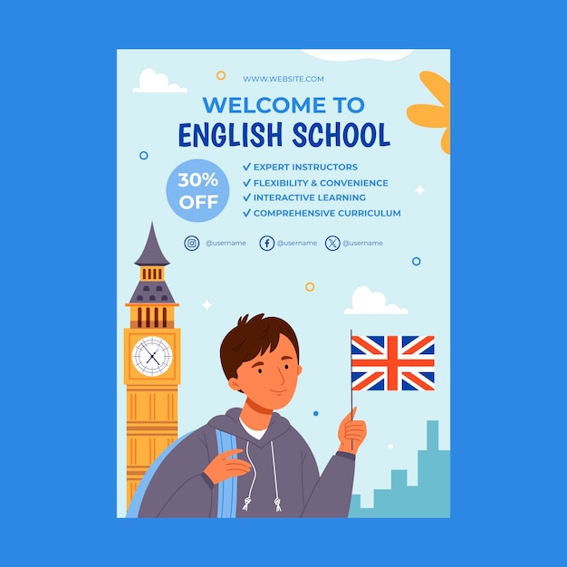 Vector gratuito cartel de lecciones de inglés de diseño plano
