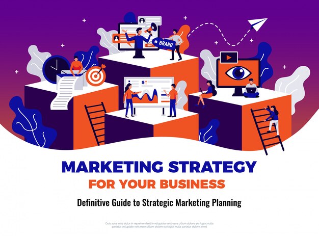 Cartel de marketing digital con guía y símbolos de planificación planos