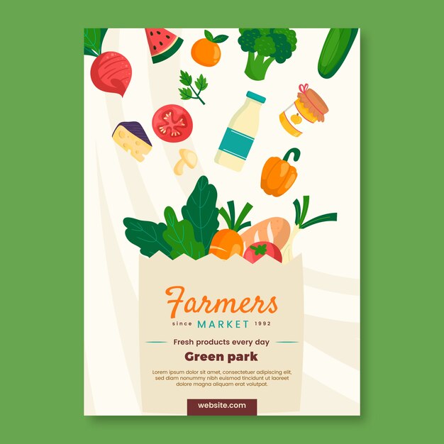 Cartel de mercado de agricultores de diseño plano dibujado a mano