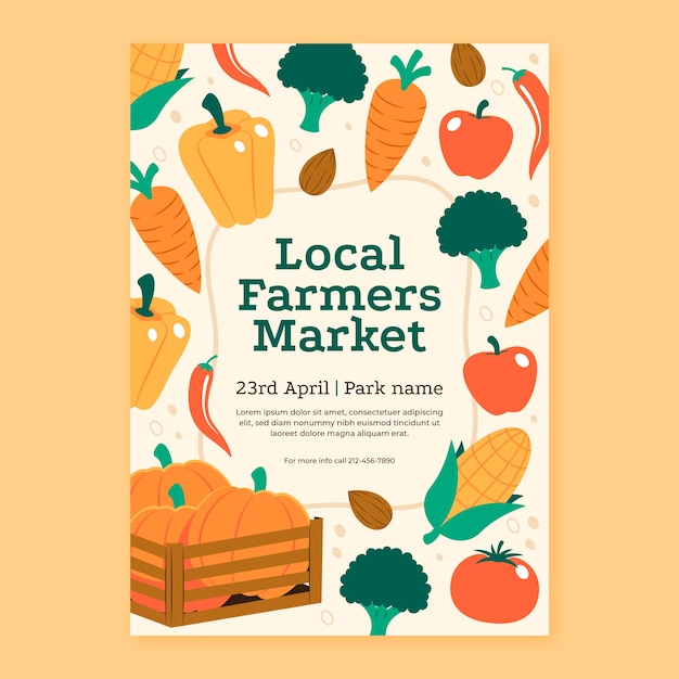 Cartel de mercado de agricultores de diseño plano dibujado a mano