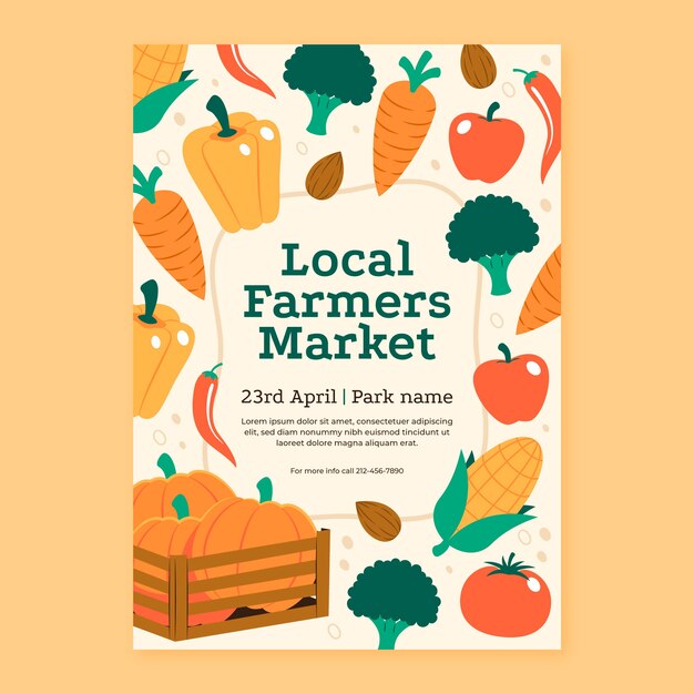 Cartel de mercado de agricultores de diseño plano dibujado a mano