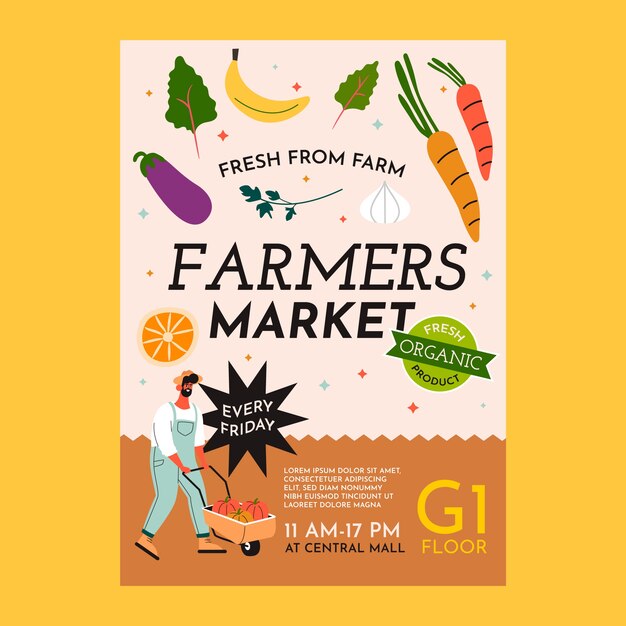 Cartel de mercado de agricultores de diseño plano dibujado a mano