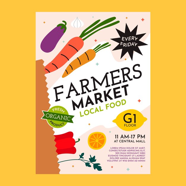 Cartel de mercado de agricultores de diseño plano dibujado a mano