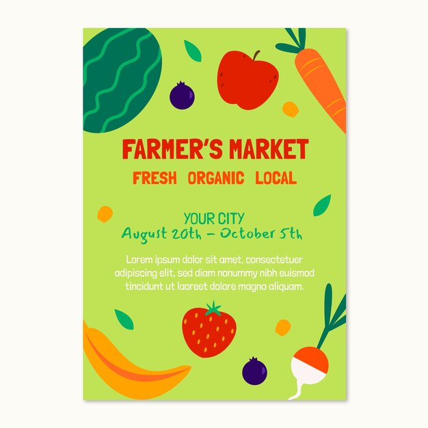 Cartel de mercado de agricultores de diseño plano dibujado a mano