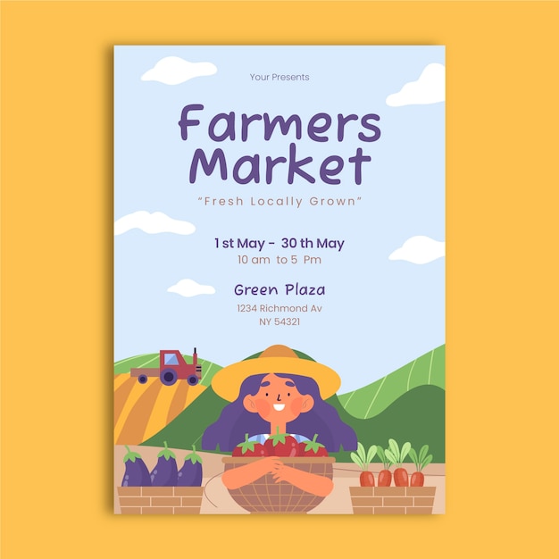 Cartel de mercado de agricultores de diseño plano dibujado a mano