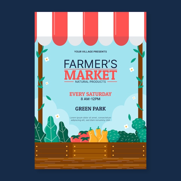 Cartel de mercado de agricultores de diseño plano dibujado a mano